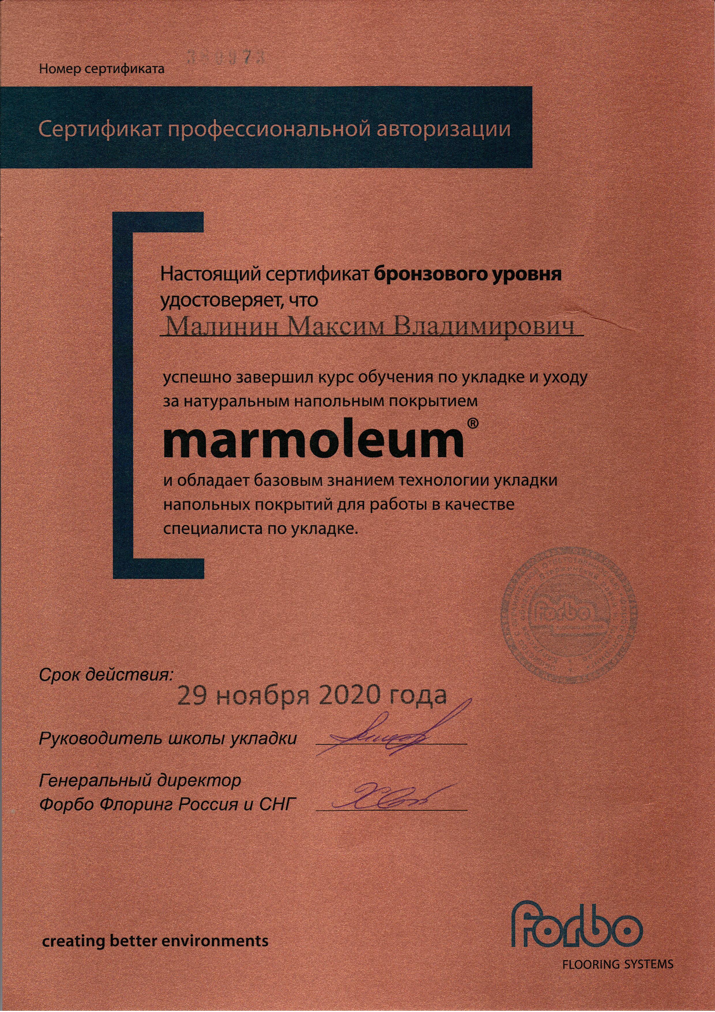 Сертификат Максима Малинина Forbo